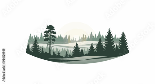 Serene forest landscape with layered evergreen trees and hazy sunrise