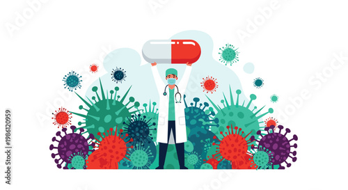 Brave medical professional in a lab coat and mask holding a giant pill to fight against a massive crowd of dangerous virus particles.