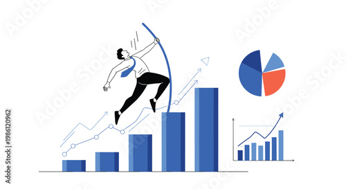 Energetic businessman pole vaulting over a rising blue bar chart towards higher success, symbolizing overcoming hurdles in business growth.