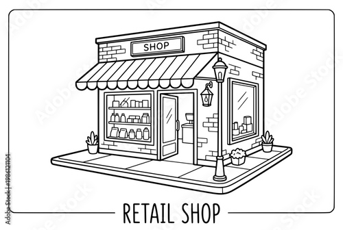 Illustration of a Small Retail Shop with Awning and Display Window.