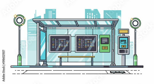 Stylized urban bus stop shelter with digital displays and ticket machine
