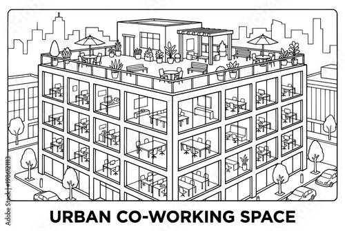 Urban coworking space rooftop with people and laptops.