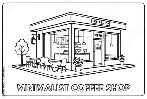 Minimalist Coffee Shop Exterior Illustration Sketch.