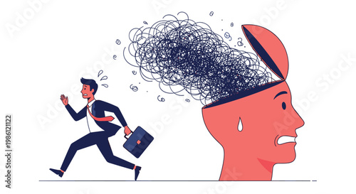 Stressed businessman running away from a giant head filled with chaotic scribbles, symbolizing a mental breakdown or overwhelming anxiety.