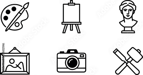 Line art icons of artist palette brush easel bust camera and tools