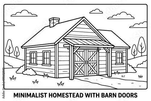Minimalist Homestead Barn Doors Scene Illustration.