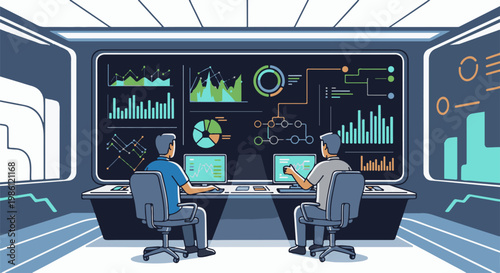 Two people sit in a futuristic room analyzing complex data visualizations on screens