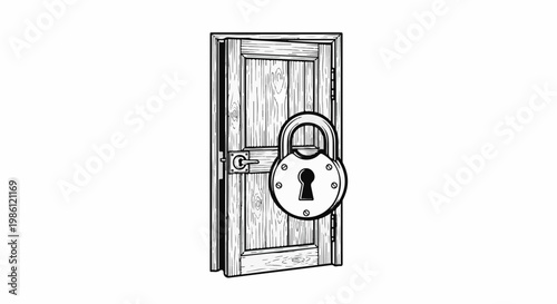 Vintage wooden door with a large padlock, creating a sense of mystery