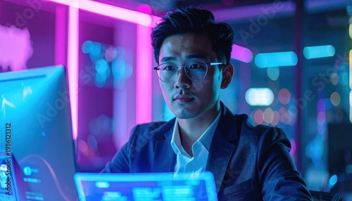 Asian Man in Glasses Working on Computer in Neon Lit Office.