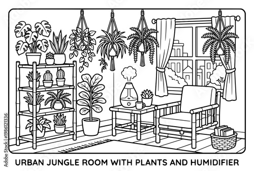Urban Jungle Room with Lush Green Plants and Humidifier Cozy Interior.