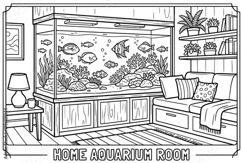 Large Home Aquarium with Tropical Fish and Coral Reef.