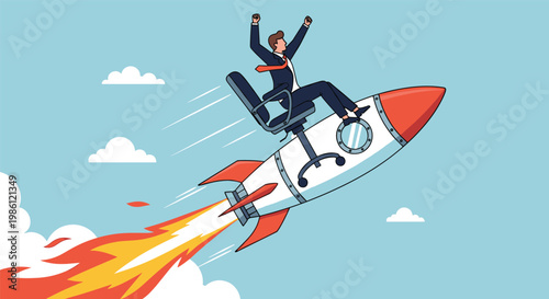 Thrilled businessman riding an office chair strapped to a launching rocket, symbolizing rapid career advancement and explosive business growth.