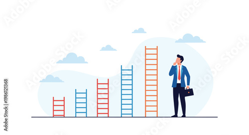 Businessman with a briefcase looking at a series of colorful ladders of increasing height, representing career progression and choosing a path.