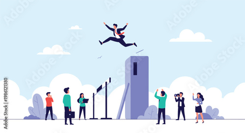 Agile businessman jumping over a high hurdle and a wall while a crowd of people watch and take photos of his successful athletic performance.