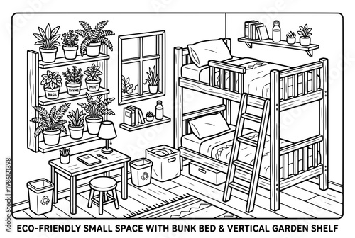Cozy Bedroom Interior Featuring Bunk Beds and Vertical Garden.