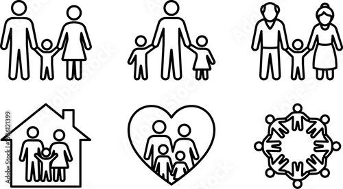 Black and white line art family member icons holding hands with house and heart shapes