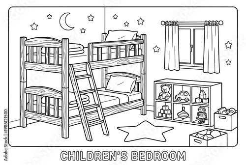 Detailed Black and White Illustration of a Wooden Bunk Bed.