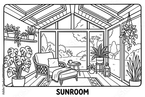 Sunroom Interior With Plants And Furniture.
