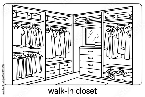 Walk in closet with hanging clothes shelves and drawers.