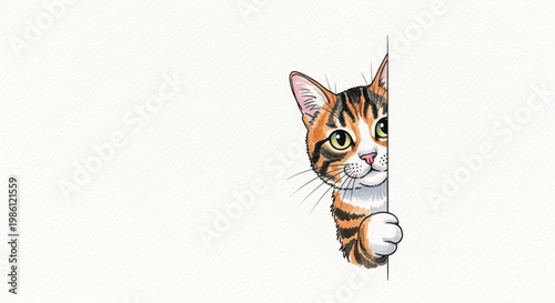 Cute Watercolor Tabby Cat Peeking from Behind Wall Hand Painted Pet Illustration on White Background