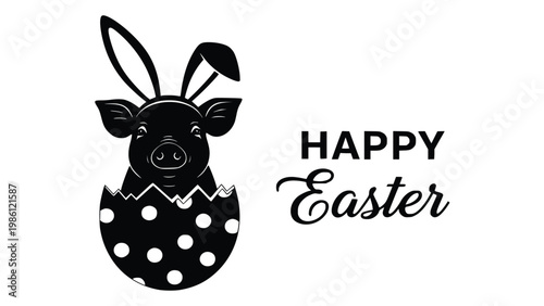 Easter piglet emerges from decorated egg with bunny ears