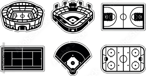 Soccer stadium baseball field basketball court tennis court and hockey rink icons