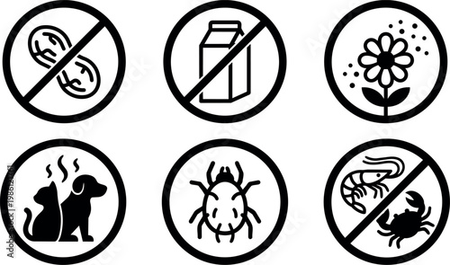 Black and white allergen icons with peanut milk pet mite and seafood restrictions