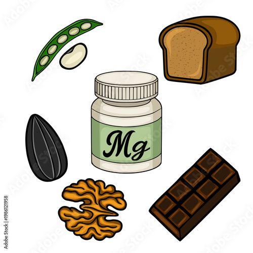 Vector illustration of magnesium-rich foods and supplement