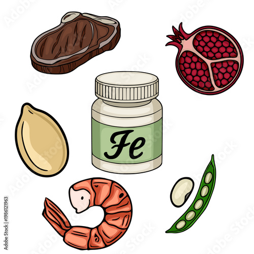 Vector illustration of iron-rich foods and supplement bottle