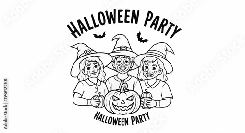 Three kids in witch hats and face paint with a carved pumpkin and bats