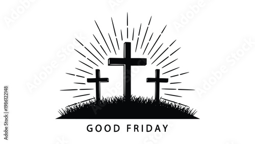 Three crosses on a hill symbolize the crucifixion of Jesus Christ on Good Friday with sun rays shining behind them