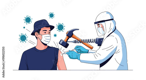 Healthcare worker in a hazmat suit vaccinating a man while holding a hammer to symbolize crushing the virus during an epidemic.