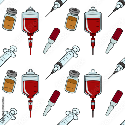 Seamless vector pattern of medical syringes, blood bags and vials with red liquid