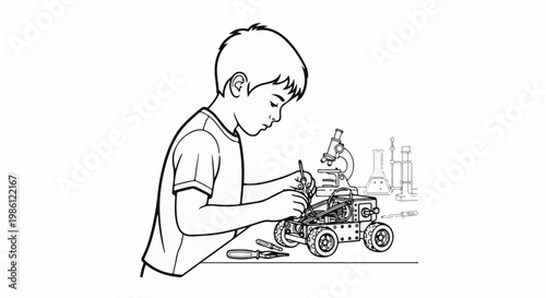 Young boy focused on assembling a mechanical toy with a microscope nearby