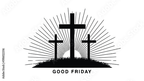 Three crosses on a hill with sunburst background representing Good Friday