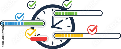 Progress bars and clock indicating time management and task completion with checkmarks for successful operations and deadlines