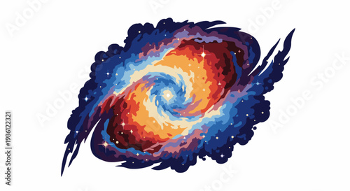 A vibrant, swirling spiral galaxy bursts with cosmic colors and stars