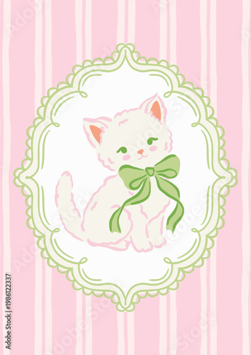 Hand drawn white cute cat with green ribbon bow in scalloped lace frame on pink striped background. Vintage design for baby showers, nursery wall art, or feminine greeting cards. Vector illustration