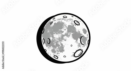 A stylized, black and white drawing of a full moon with craters
