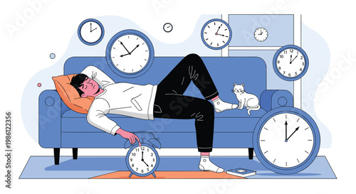 Exhausted man sleeping soundly on a blue couch while surrounded by numerous clocks of various sizes, representing fatigue and time pressure.