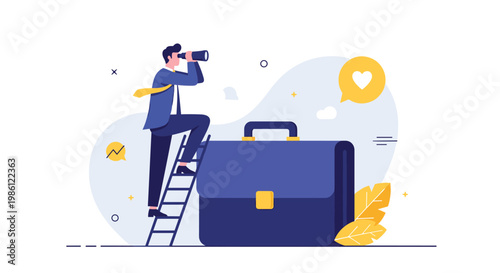 Ambitious businessman standing on a ladder and using a telescope to look out from behind a large briefcase towards a heart in a bubble.