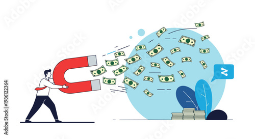 Wealthy businessman using a powerful red and grey magnet to attract a massive stream of flying dollar bills into a growing pile of cash.