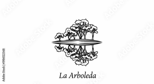 A stylized illustration of trees reflected in water, with text below