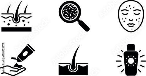 Black and white skincare icons showing acne treatment and sun protection