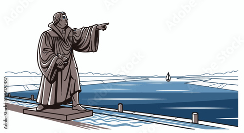 A stoic statue points across a wide waterway towards a distant sailboat