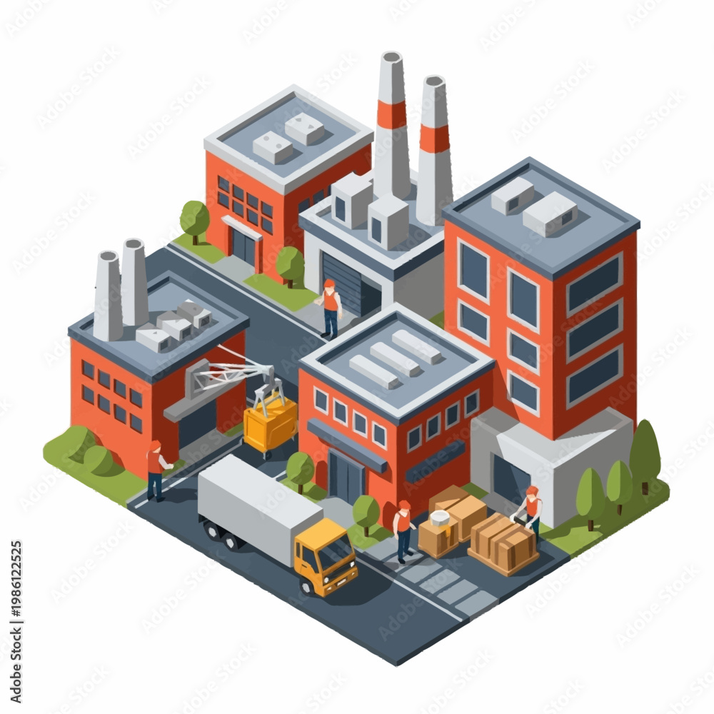 Obraz premium Industrial factory complex with trucks and workers illustration.