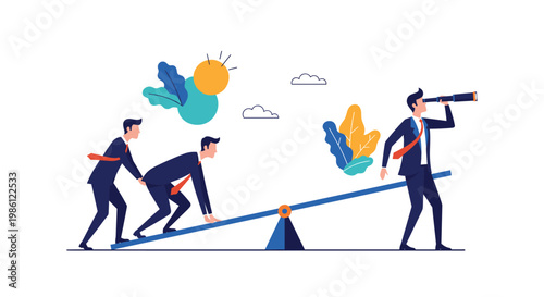 Two business professionals pushing a see-saw while a visionary businessman looks through a telescope from the other side, symbolizing strategic leverage.