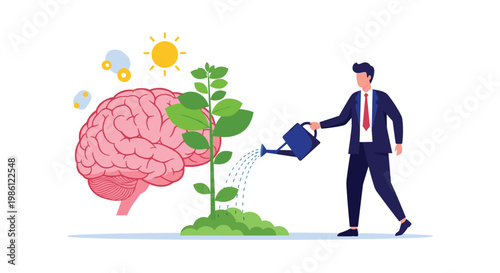 Dedicated businessman watering a green plant growing in front of a giant human brain symbolizing intellectual and professional development.