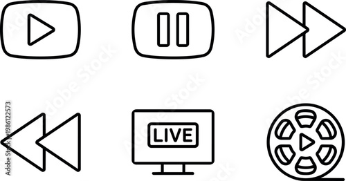 Black and white video control icons including play pause rewind fast forward live and film reel