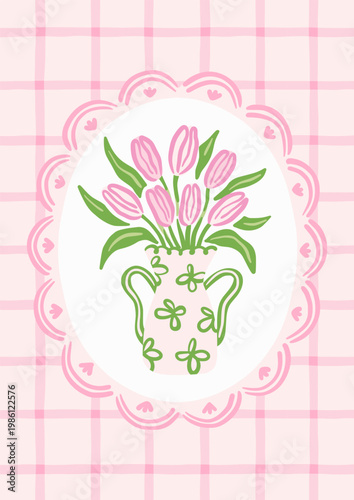 Bunch of pink tulips in a decorative pitcher vase. Floral arrangement in charming pink scalloped oval frame on soft pink gingham plaid background, perfect for Mother's Day, spring celebrations. Vector